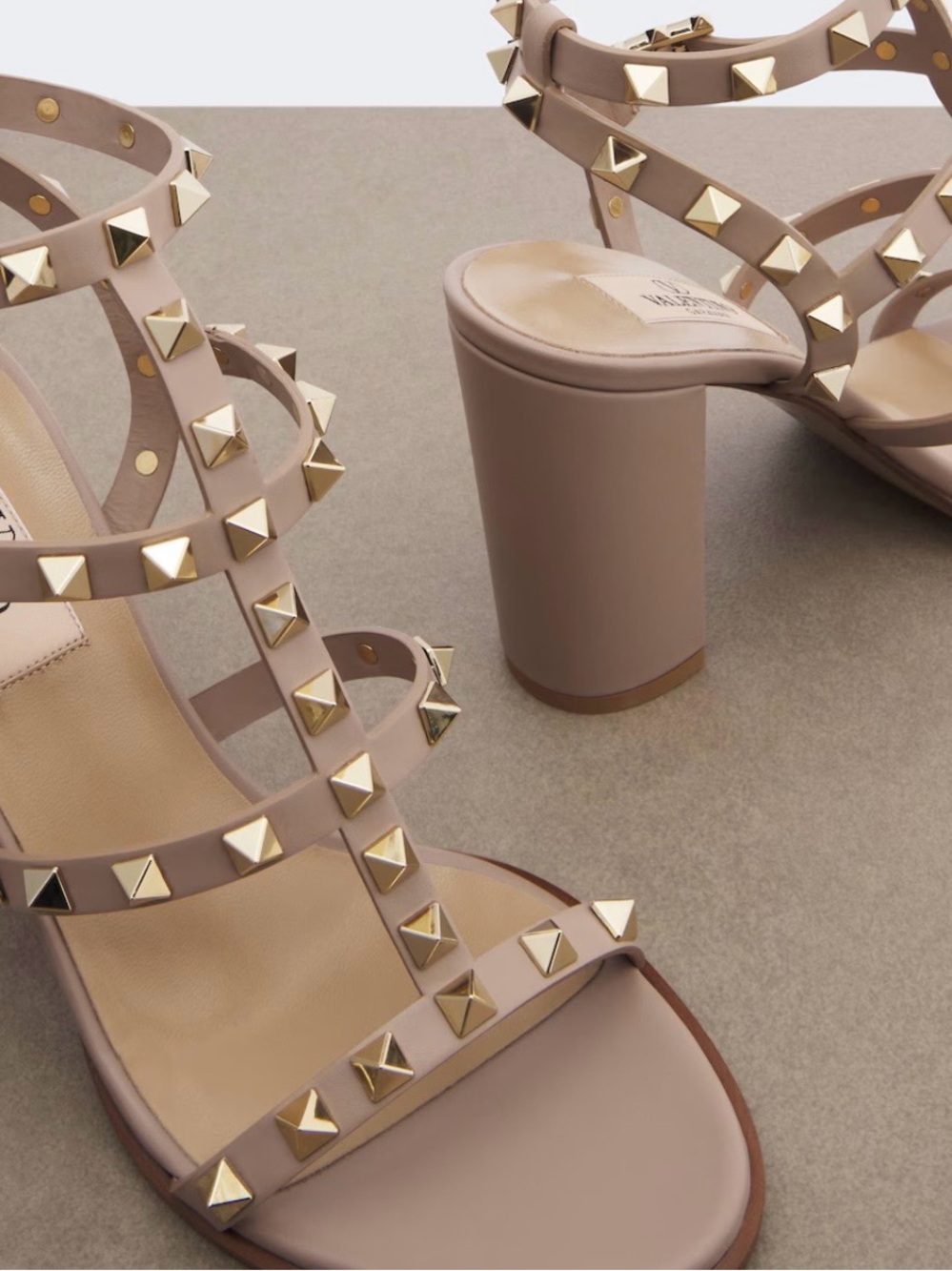 Valentino Garavani Taupe Leather Studded Block Heel Sandals